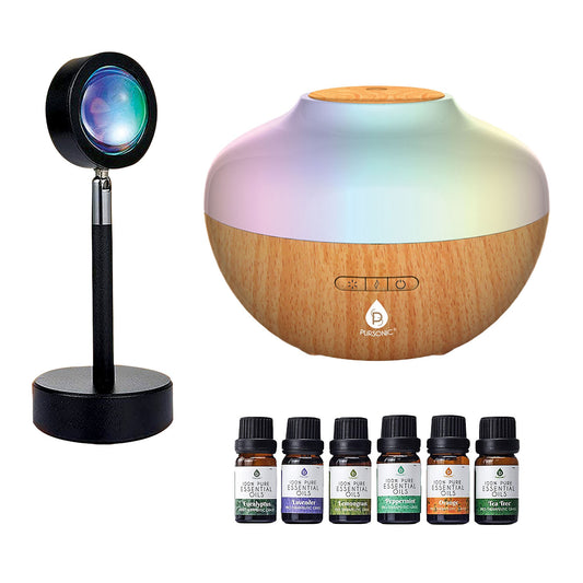 Pursonic Sunset Projector Table Lamp with Essential Oil Aroma Diffuser & 6-Pack of 100% Pure Aromatherapy Oils